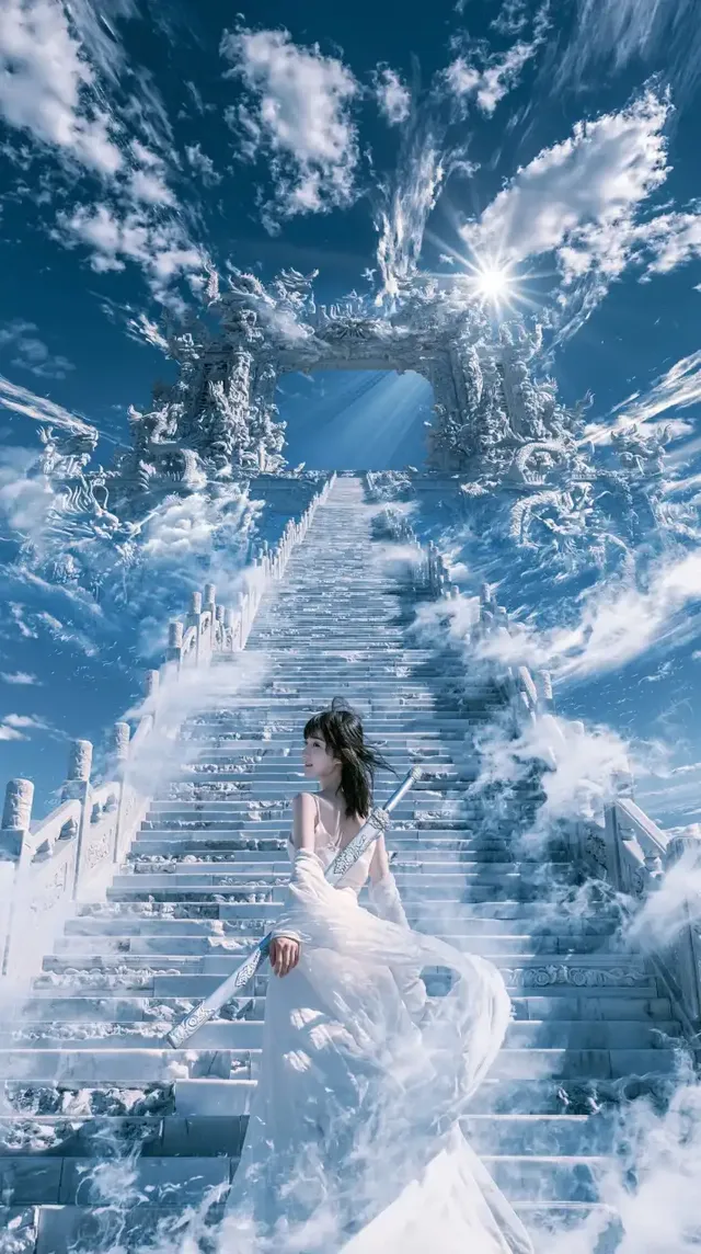 A young East Asian woman with flowing black hair and a white hanfu stands on a vast marble staircase ascending into the sky, looking back with a melancholic expression. Behind her is a magnificent heavenly palace gate floating among clouds, with dramatic lighting and ethereal fog.