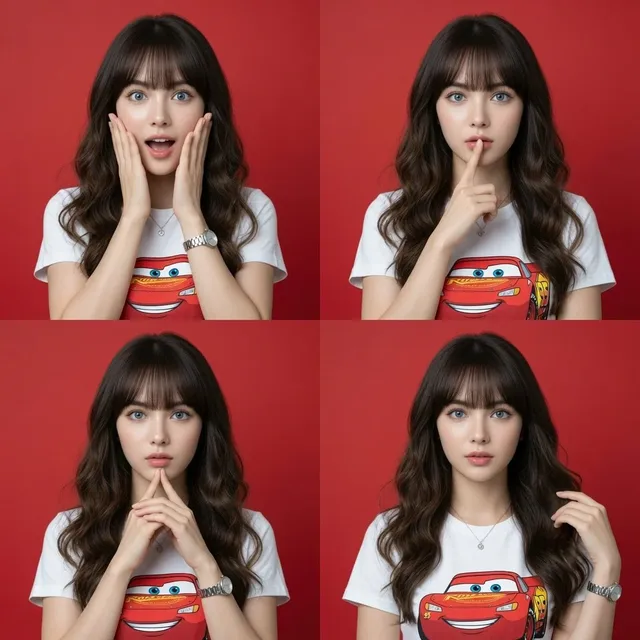 2x2 collage of a young woman's studio portraits against a red background, showing four different expressions: surprised, 'shh', thoughtful, and neutral.