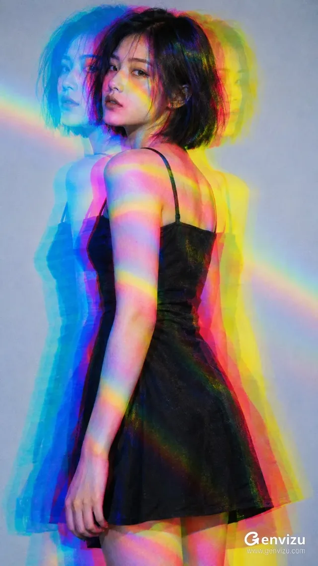 Vertical high-saturation editorial fashion photograph of a 20-year-old Chinese female model with cyan, magenta, and yellow triple-exposure color separation against a light gray background.