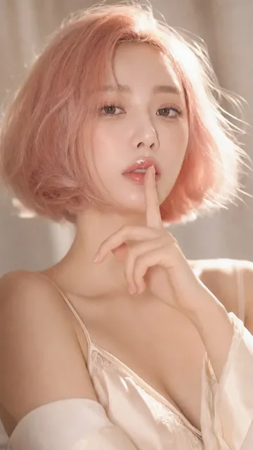 Close-up studio portrait of a young Taiwanese woman with pastel pink hair, exuding a cool and confident attitude, with a 'shh' gesture and glossy lips.