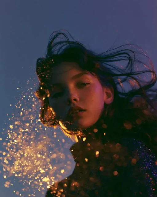 Photorealistic fashion beauty portrait of a young woman with direct eye contact, her long hair swept sideways by wind like a comet tail, with golden glitter particles and lens flar