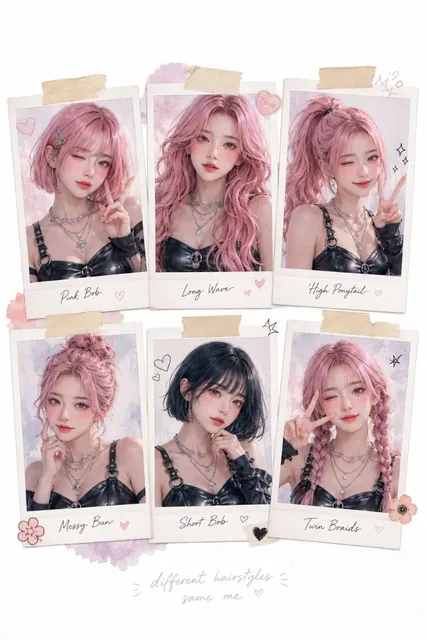 Scrapbook collage of an anime girl with six Polaroid-style portraits showing different hairstyles and expressions, held by tape on a white background.