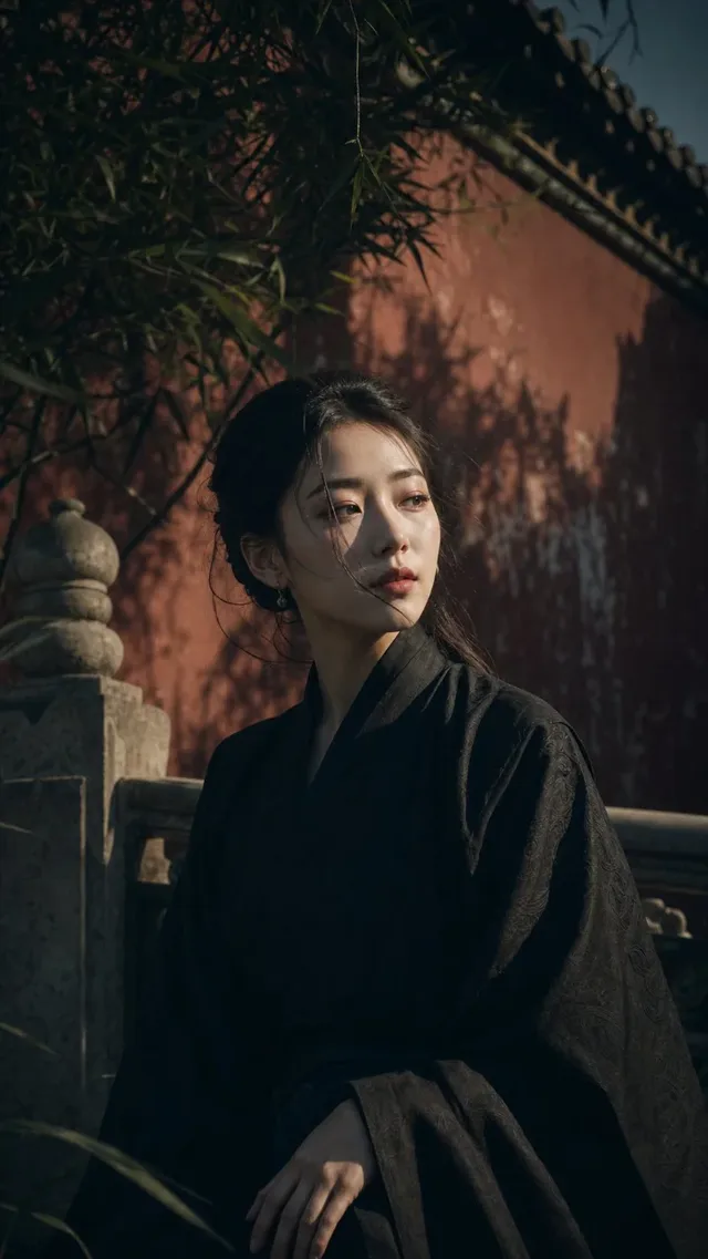 Low-angle half-body close-up of a young Korean woman with a calm expression, her face softly lit by a warm front-left beam against a cool blue imperial Chinese courtyard at dusk.