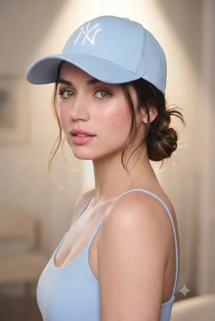 Realistic portrait of a young woman with bright eyes and fair, glowing skin, wearing a light blue NY baseball cap and spaghetti-strap top, looking back over her shoulder with a gen