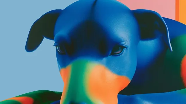 A 3D rendered person seen from behind, wearing a colorful sweater with abstract shapes, against a blue sky.
