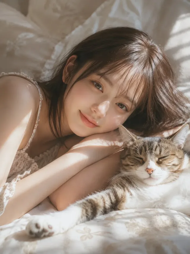 A young woman with dark hair and a floral camisole lies in a white bed, resting her cheek on her arms while a tabby cat sleeps closely beside her in soft morning light.