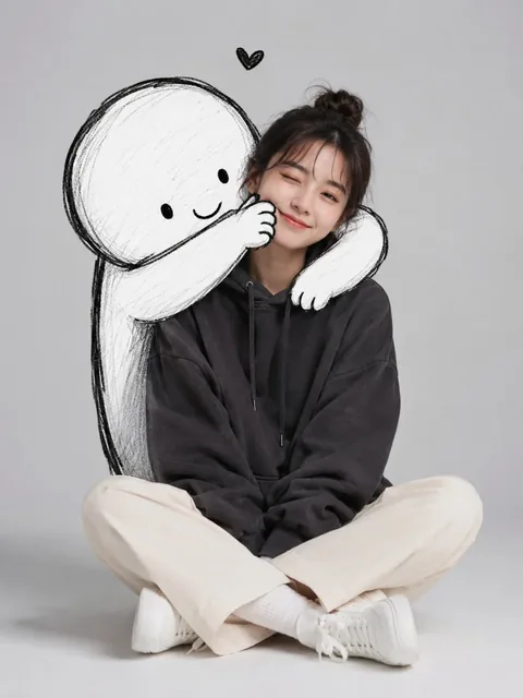 A young woman with a playful wink and smile sits casually in a studio, wearing a charcoal hoodie and cream pants, embraced by a black-and-white doodle character.