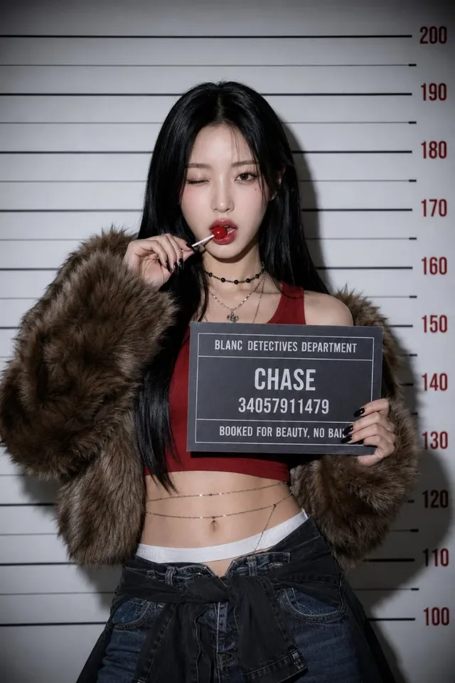 A woman with a fur jacket, jeans, and a lollipop winks playfully while holding a mugshot sign that reads 'Booked for Beauty, No Bail'.