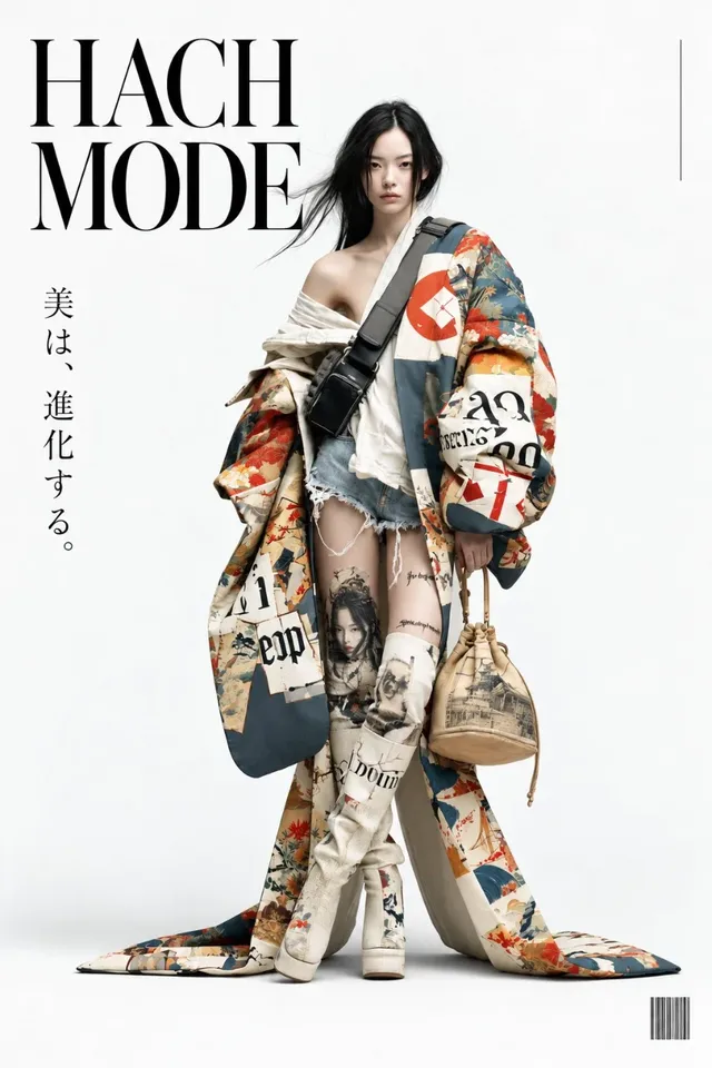 Full-body high fashion editorial poster featuring clean typography against a neutral studio background.