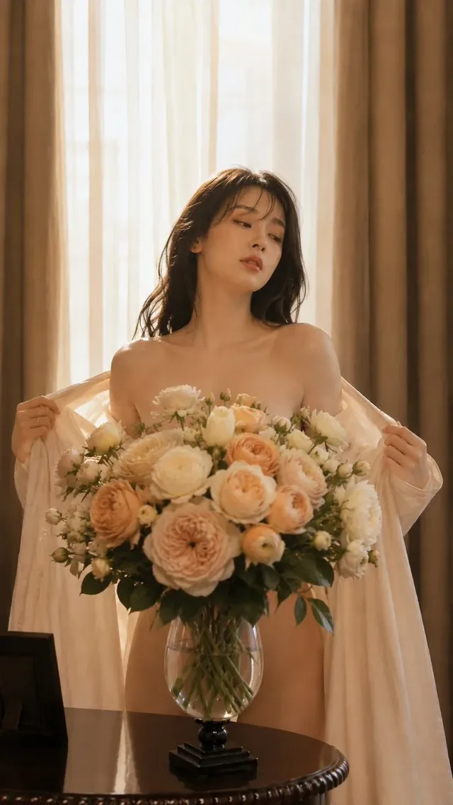 A young woman with light brown hair and subtle makeup gazes downwards from behind a large bouquet of ivory and apricot flowers, illuminated by soft morning light. Her white robe drapes loosely.