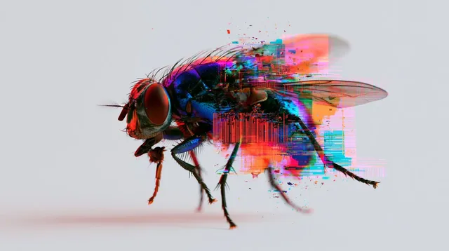 A moth composed of fragmented pixels with glitch effects and a barcode overlay, set against a clean white background with vibrant colors.