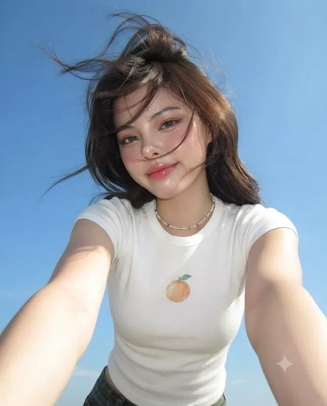 Young woman with long, dark, windswept hair and a playful half-smile, leaning towards the camera in a low-angle, Dutch-tilted snapshot reminiscent of a 2006 Sony Ericsson K800i photo.