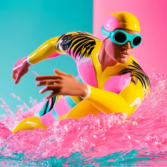 A vibrant 3D render with neon pink, yellow, and cyan colors, glossy plastic textures, and 80s fashion.