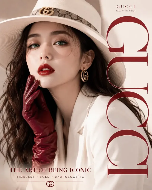 Hyper-realistic fashion editorial portrait of a young woman with emerald eyes and ruby lips, wearing a white hat and outfit, with 'ICONIC' text overlaid vertically. Headline 'STYLE • CONFIDENCE • ELEGANCE' at the bottom.