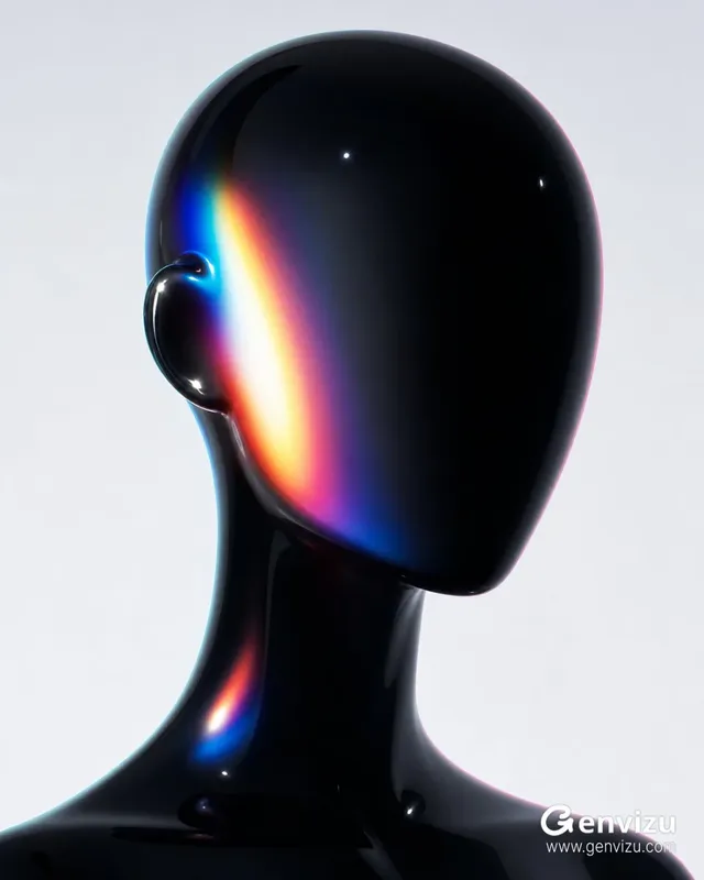 A minimalist, gender-neutral obsidian bust with a smooth, dark, iridescent surface. A wide, soft-edged band of prismatic light, transitioning through rainbow colors, covers the left cheek and ear. Small white highlights and subtle color fringes define the edges.