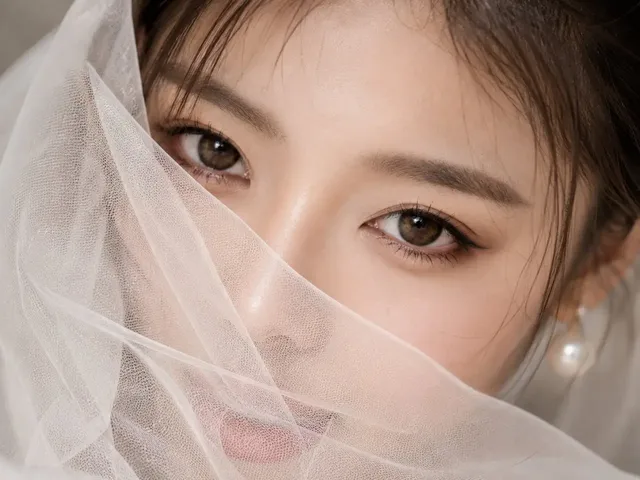 Extreme macro close-up of a bride's eye and cheek, partially covered by a sheer veil, with soft window light highlighting hyperrealistic skin and makeup.