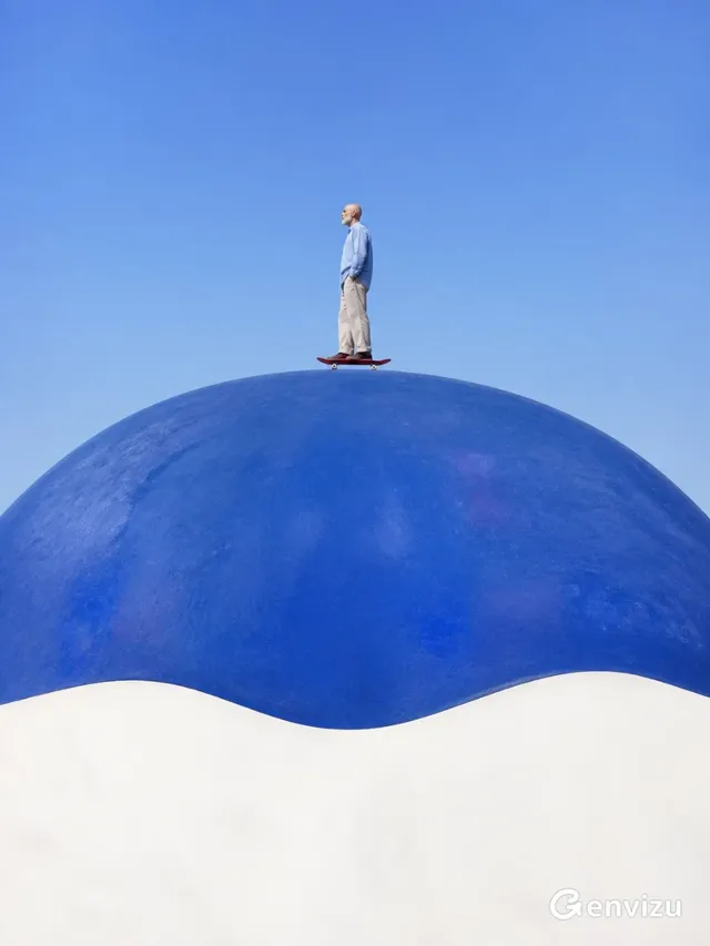 Elderly bald man with white beard standing calmly on a small red skateboard on top of a huge smooth ultramarine-blue mound, isolated against a clear blue sky. Figure is tiny, positioned slightly above center.