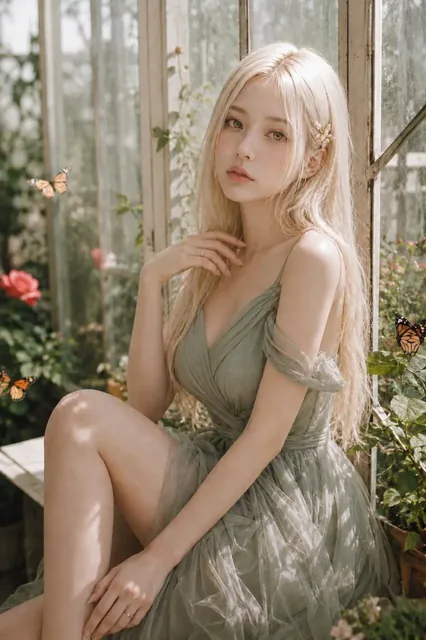 A young woman with platinum blonde hair and hazel green eyes, wearing a sage green off-the-shoulder tulle dress, sits gracefully in a sunlit greenhouse, with three butterflies flut
