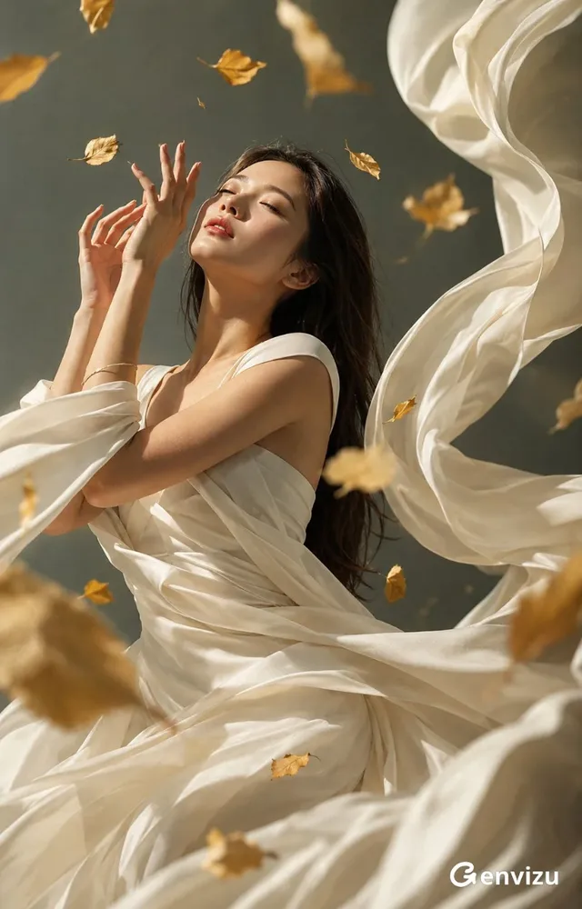 An East Asian woman with closed eyes and lifted chin, draped in sculpted ivory silk, surrounded by floating golden leaves against a sage-gray background.
