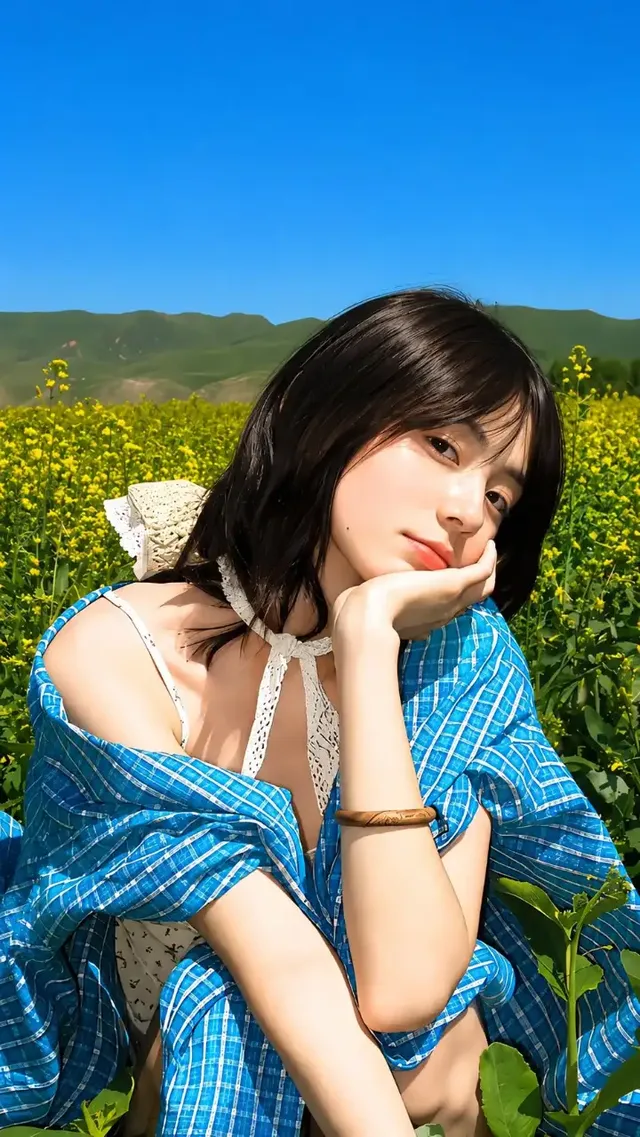Ultra-realistic editorial fashion photo of an East Asian woman in a white skirt and plaid overshirt, standing in a vast yellow rapeseed flower field during golden hour, with a calm, dreamy expression.