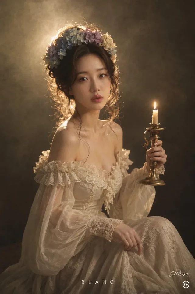 Medium shot of a woman with curly hair in an updo, wearing an off-the-shoulder antique dress, holding a lit brass candlestick. Soft rim lighting highlights her form against a muted background.