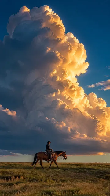 A cowboy on a brown horse rides horizontally across a vast grassland, with a large cumulus cloud illuminated by golden sunset light on one side and deep shadow on the other.