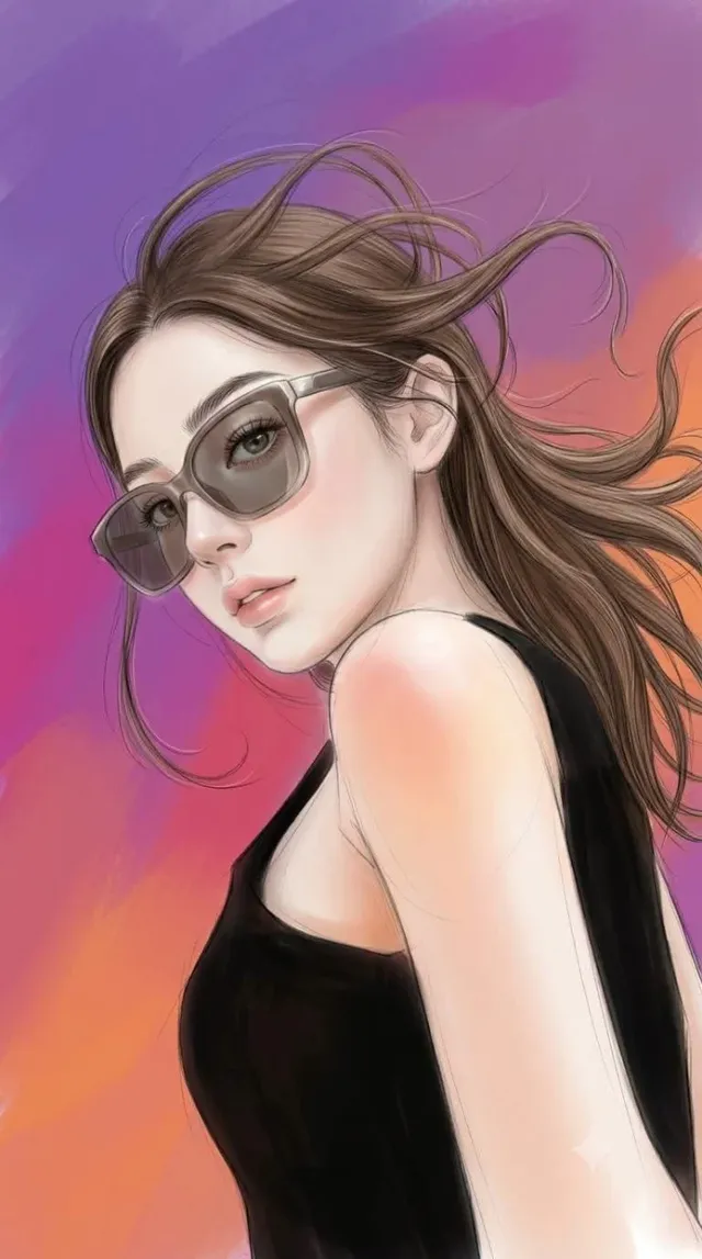 A beautiful, hyper-realistic digital portrait of a person with porcelain skin and flowing hair, detailed eyes, and a soft, painterly style with visible graphite lines, against a colorful gradient background.