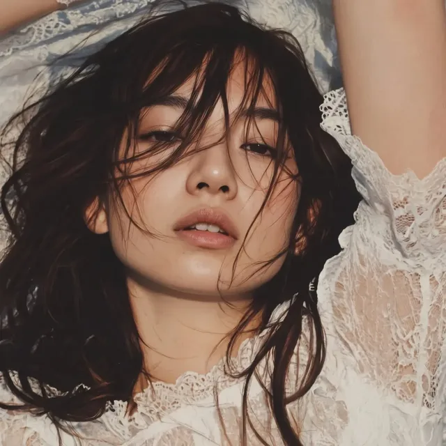 Close-up fashion editorial portrait of an East Asian woman lying on blue silk wearing a white lace blouse, captured in grainy 35mm film style.