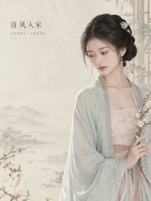 A cinematic poster featuring an elegant East Asian woman in Song-dynasty Hanfu against a minimalist textured background with Chinese typography.