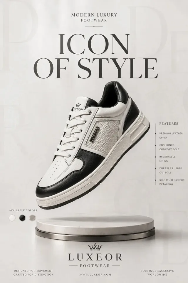 A luxury product is centrally placed on a pearl white background, bathed in soft studio light, with elegant serif typography and brand logo.