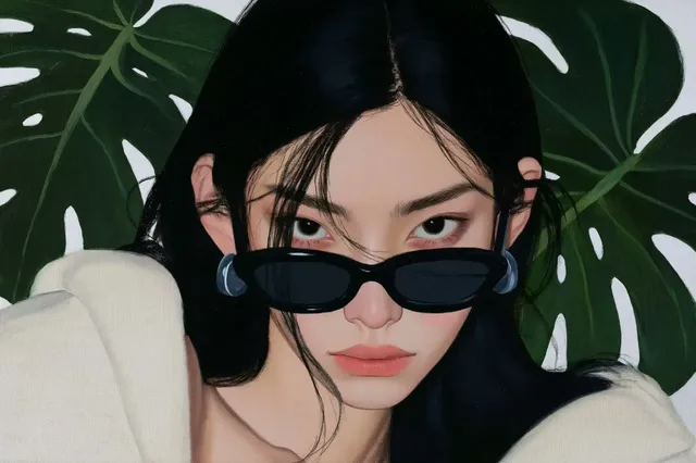 Realistic digital painting of a young woman wearing black sunglasses and a cream jacket, with dark hair and large green monstera leaves in the background.