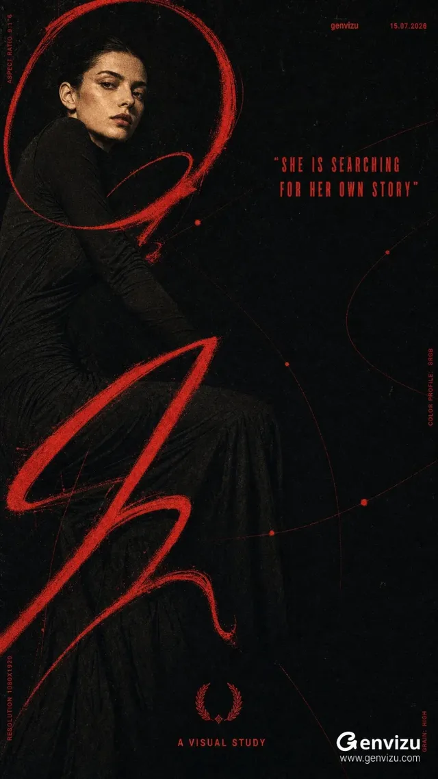 Vertical arthouse editorial poster with an anonymous fashion model in a black dress on the left, against a black background with red calligraphy and text. Strong grain and texture.
