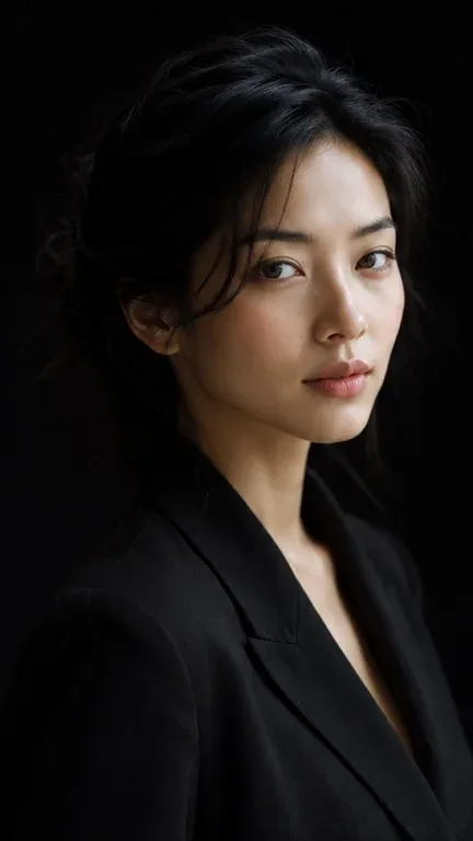 Bust portrait of an elegant East Asian woman with dark hair styled loosely, wearing a black suit, against a pure black background, illuminated by Rembrandt lighting.