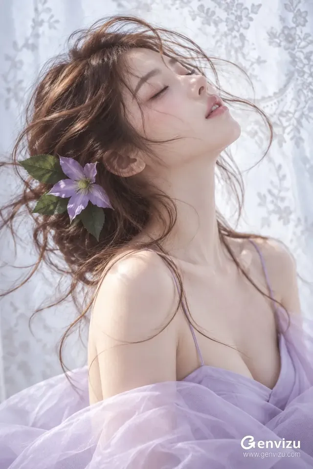 A portrait of a serene woman with brown hair, soft lighting, and floral accents against a lace background.