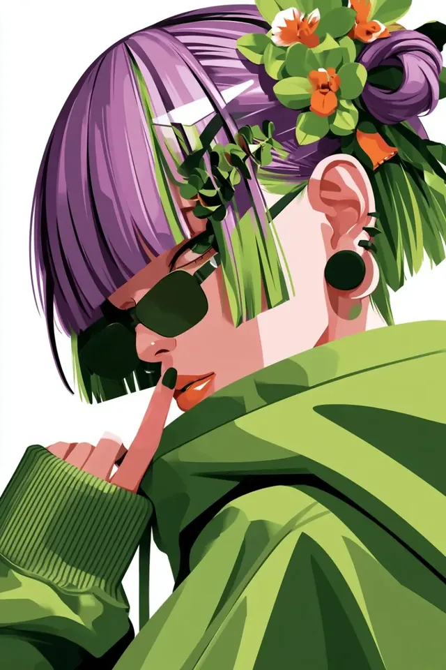 Anime style illustration of a person with purple and green hair, sunglasses, and a green hoodie, adorned with flowers and leaves.