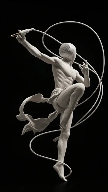 Surrealist sculpture of a white wired earphone as the head of a white clay human body in a martial arts stance, with the cable flowing through the air.