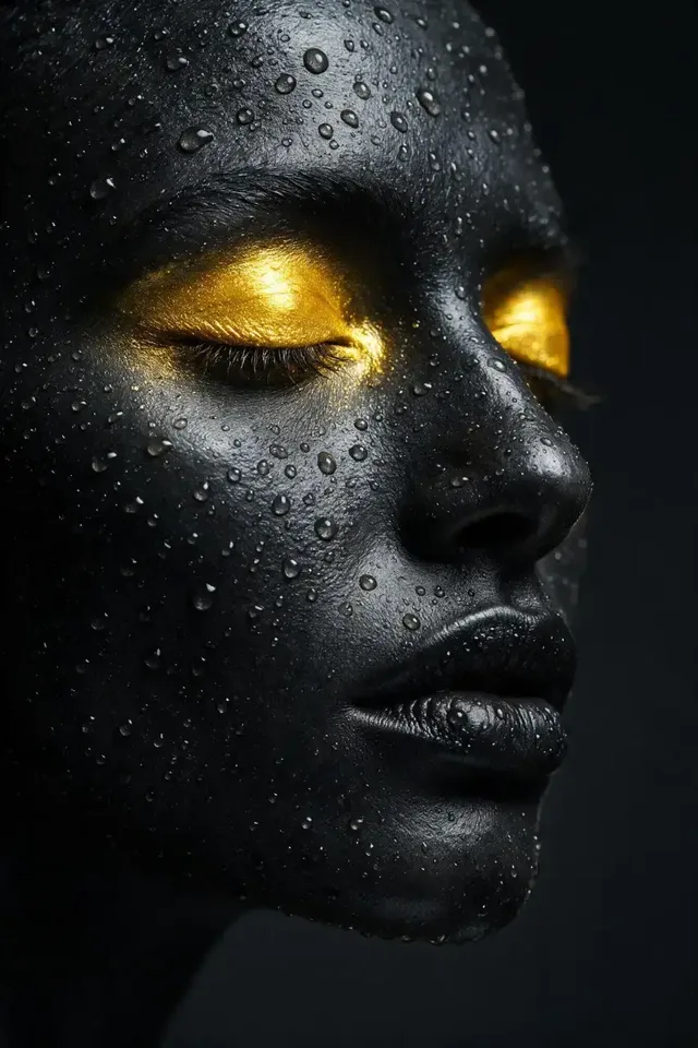 Extreme close-up of a human face covered in matte black pigment and water droplets, with luminous metallic gold eyeshadow and closed eyes, dramatic lighting.