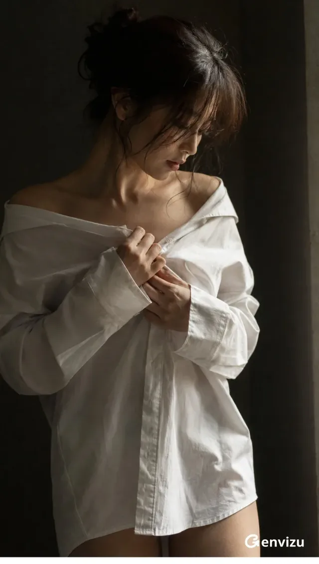 A mature East Asian woman in a loose white shirt, bathed in soft window light, gently adjusting her collar. Her gaze is downcast, conveying a sense of quiet contemplation and subtle vulnerability.