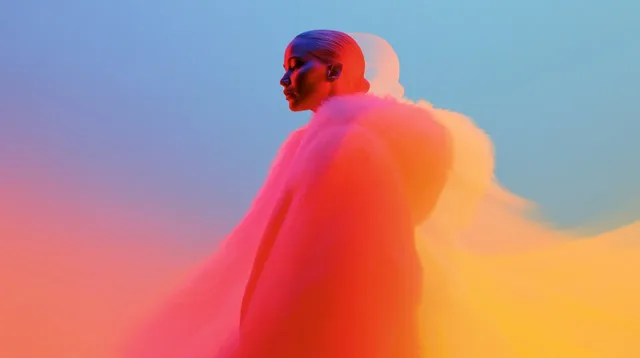 Jennifer Lawrence wearing a large white fur coat, depicted with a stereoscopic double exposure effect and vibrant neon ultraviolet colors, in motion.