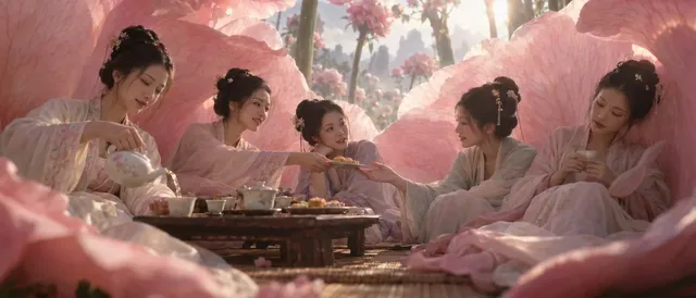 Five miniature young adult Chinese women in pale silk robes seated around a low tea table inside the hollow of a giant blooming pale-pink peony, with soft afternoon light filtering through the petals.