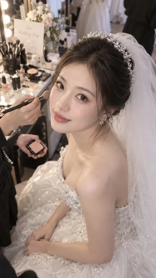 An adult Eastern bride with her eyes slightly downturned, focused on her makeup application in a wedding setting, vertical 9:16 aspect ratio.