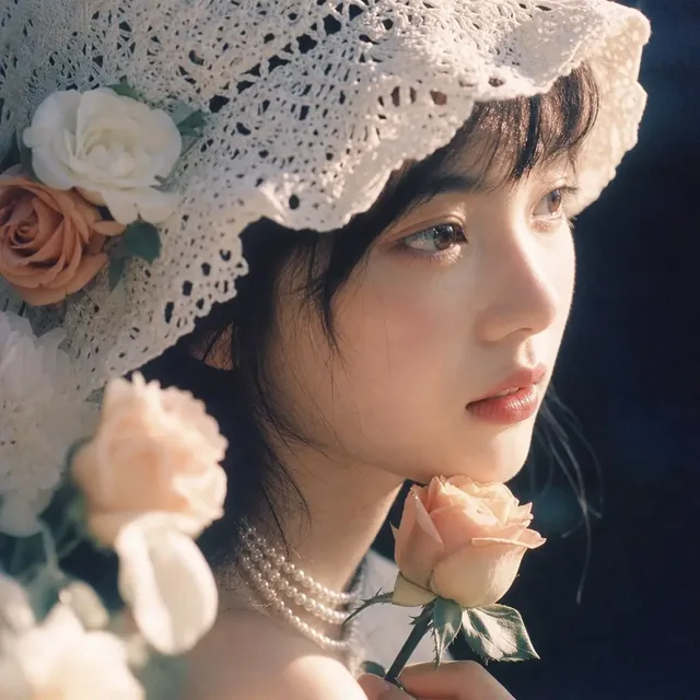 A young woman with soft features and black hair, wearing a white lace hat and pearl necklace, is captured in a close-up retro portrait with soft focus, surrounded by blurred roses