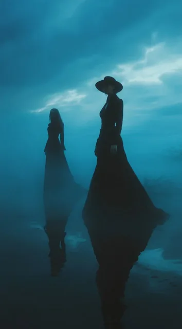 Two figures in dark robes and wide-brimmed hats stand on the water, appearing to float, in a dark, foggy, cinematic scene.