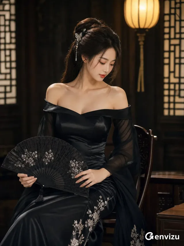 Ultra-realistic fashion portrait of an elegant East Asian woman in her 20s, seated in a dark traditional interior, wearing a black off-the-shoulder satin robe and holding a black lace fan.