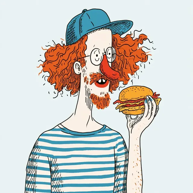 A quirky, expressive character with loose ink lines and a limited blue and orange color palette, rendered in a naïve cartoon style.