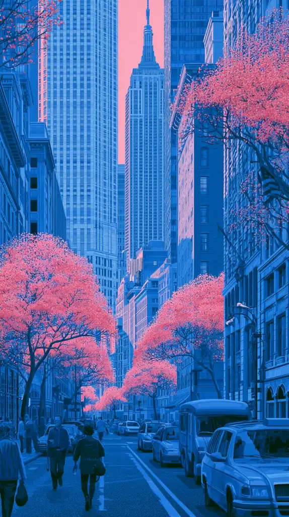 A stylized illustration of a city street with prominent blue skyscrapers and vibrant pink trees, featuring cars and pedestrians, under a soft pink sky.