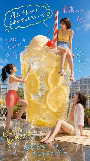 Three young Japanese women in summer clothes on a rooftop, smiling and interacting with a giant glass of lemon soda, with a blurred cityscape in the background.