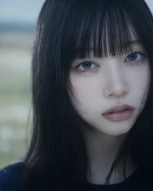 Extreme close-up of a beautiful young East Asian woman's face, early 20s, with large blue eyes looking directly at the camera, soft features, and a melancholic expression, set agai