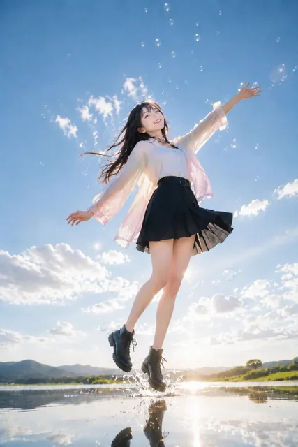 A young woman in a white top and sheer pink shirt jumps over a body of water, with a sunrise and floating bubbles in the background.