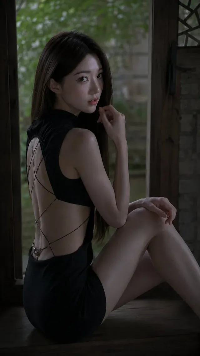 A realistic, vertical fashion portrait of an elegant East Asian woman with long dark hair, wearing a black mini dress, sitting on a dark wooden windowsill and looking over her shoulder into the camera. Soft, cinematic light illuminates her face and back.